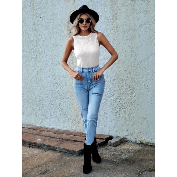 ribbed knit Solid Round Neck Tank Top minimalist black - Picture 6 of 6